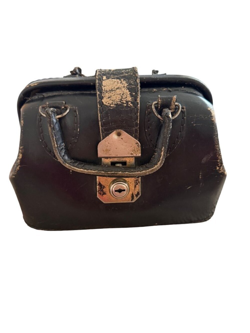 Antique Leather Doctors Bag Distressed Hard Case Black Wide-mouth - No Key